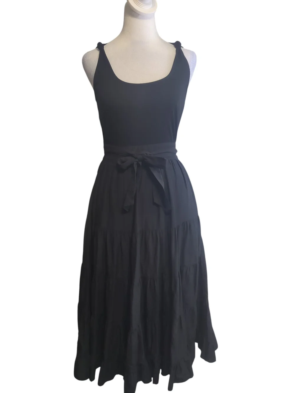 PAIGE Black Tiered Midi Skirt Sleeveless  Scoop neckline Tie waist belt Tie - Picture 3 of 15